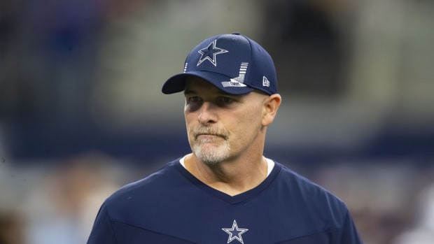 Oct 3, 2021; Arlington, Texas, USA; Dallas Cowboys defensive coordinator Dan Quinn against the Carolina Panthers at AT&T Stadium.